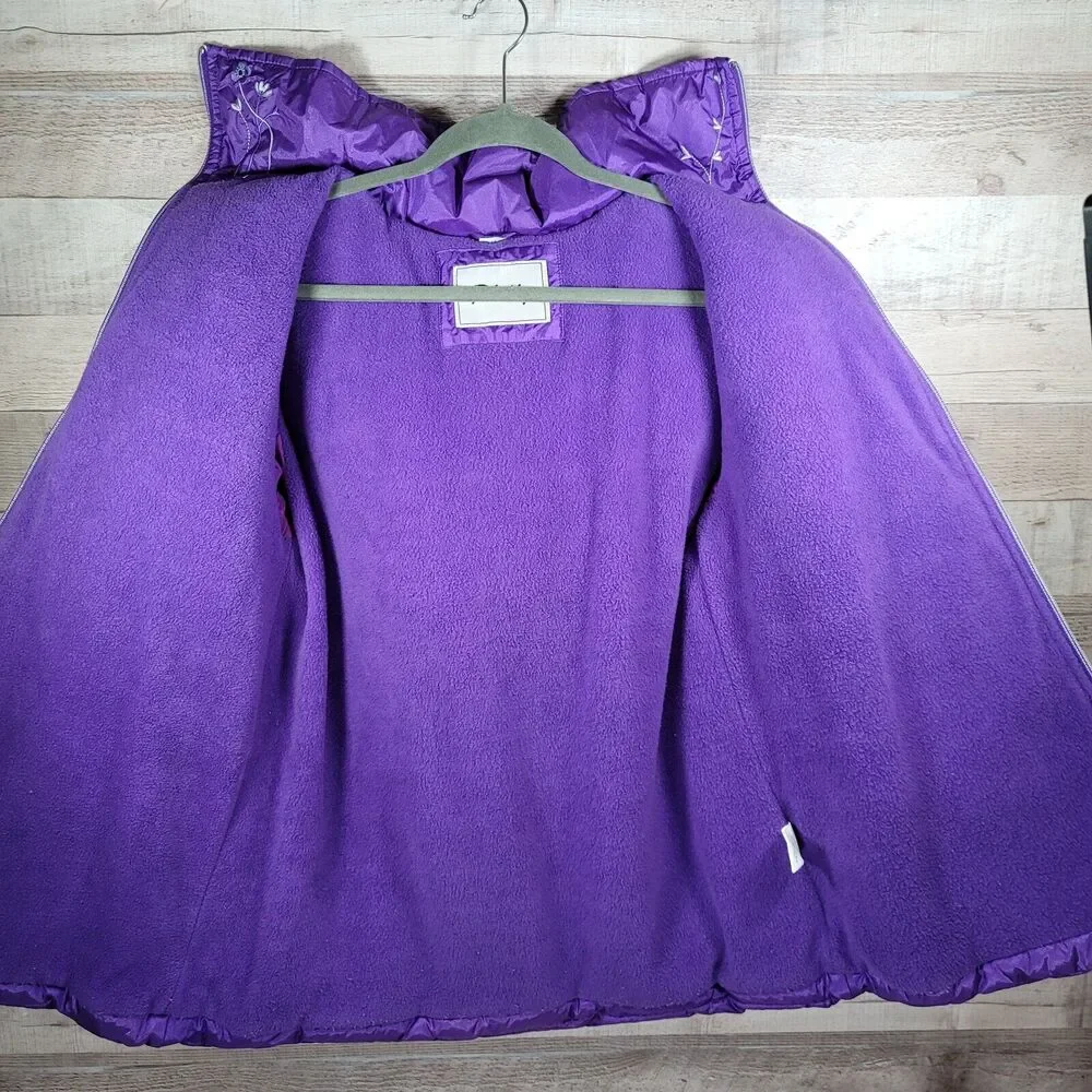 Girls Fleece Lined Jacket Sz 14 Removable Hood Purple Embroidered Coat CUFF FLAW